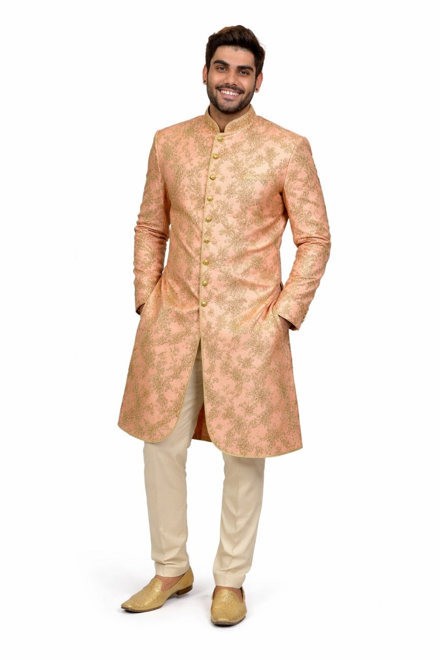 Pink Sherwani with Golden Floral Embroidery