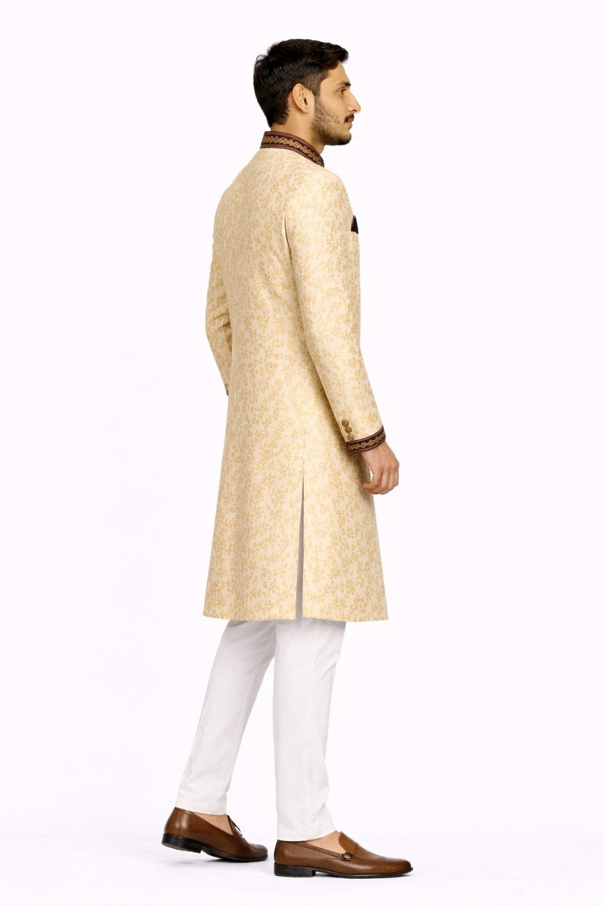Ivory Sherwani with Royal Red Velvet Detailing and Embellishments