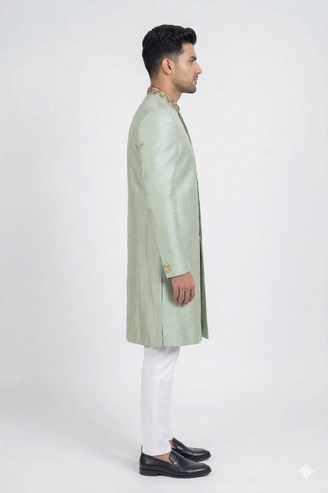 Mint Green Sherwani with Floral Embroidery and Pocket Square