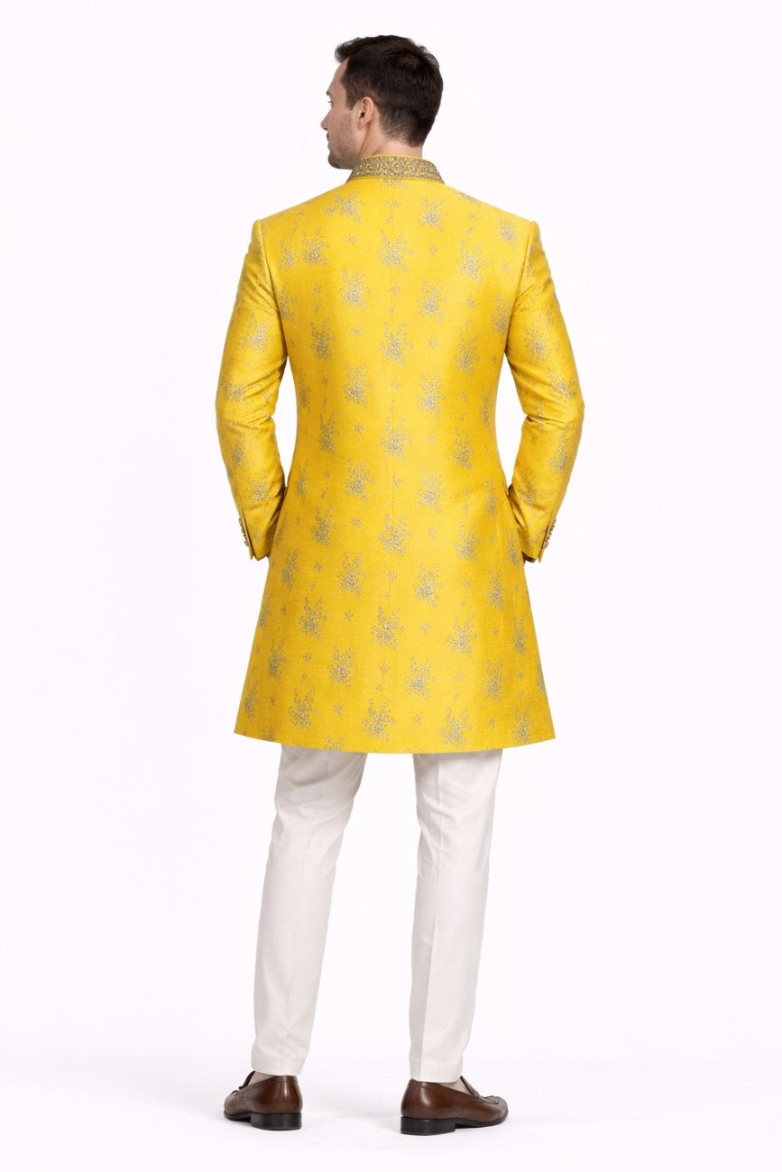 Blue and Gold Contrast Sherwani with Floral Pattern