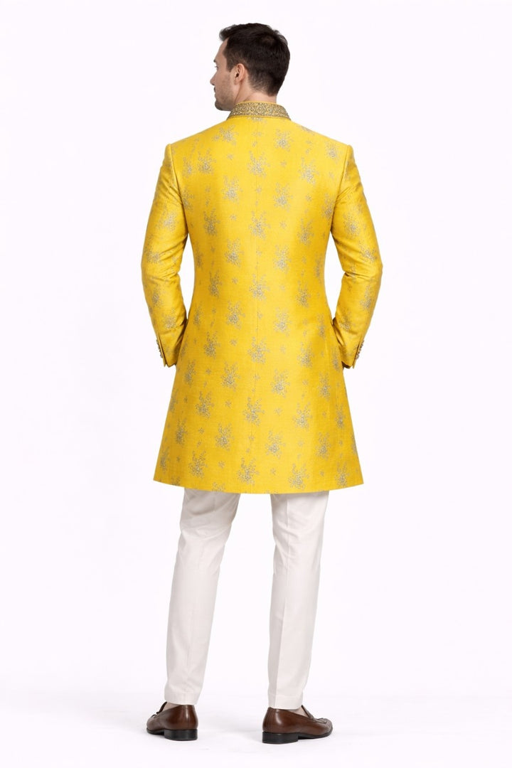 Blue and Gold Contrast Sherwani with Floral Pattern