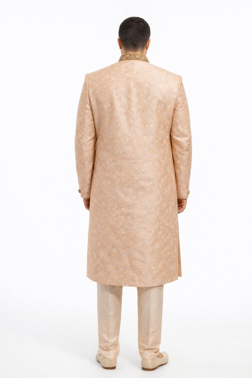 Navy Blue Sherwani with Floral Embroidery and Pocket Square