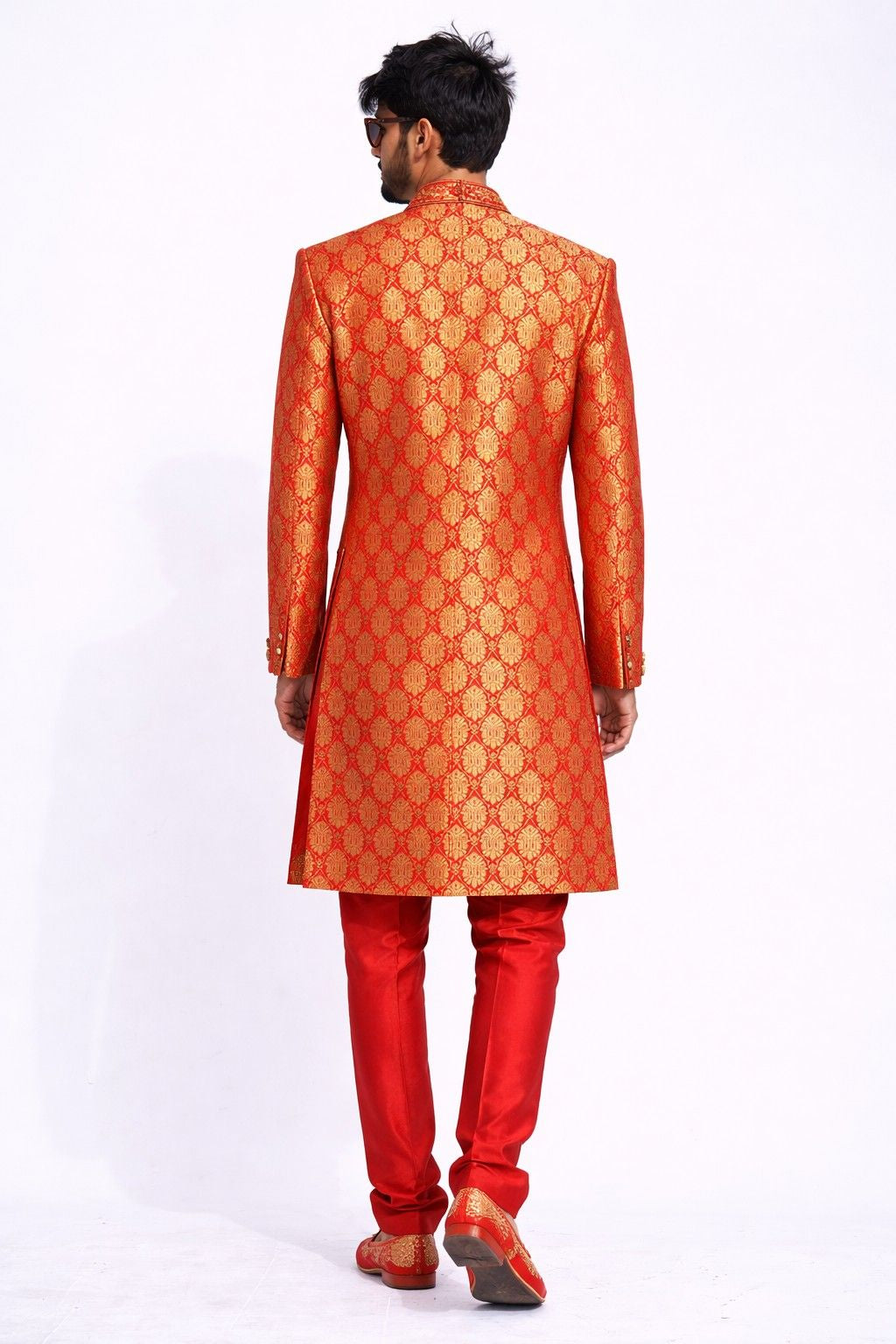 Red and Gold Sherwani with Intricate Embroidery