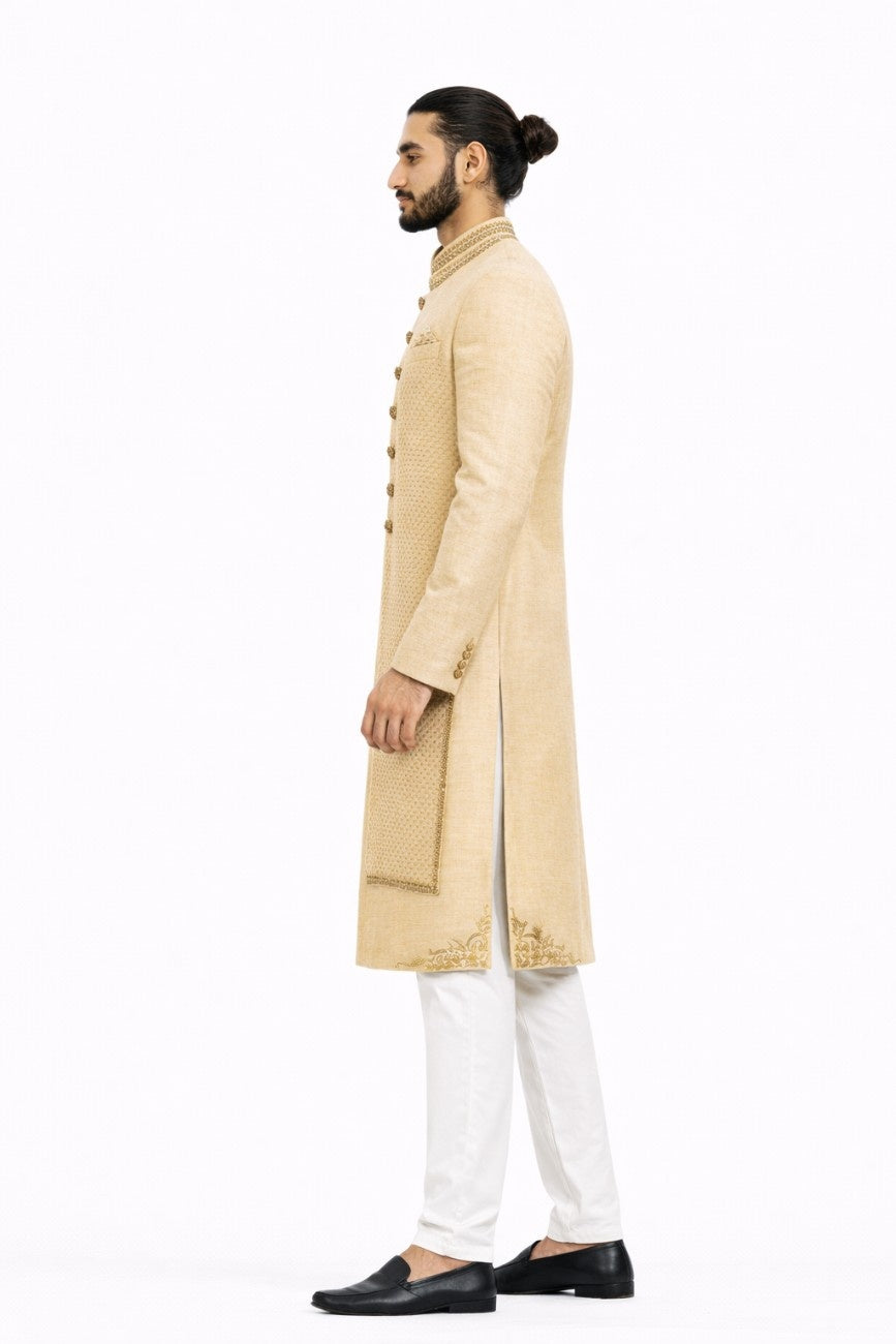 Golden Sherwani with Floral Thread Work and Pocket Square