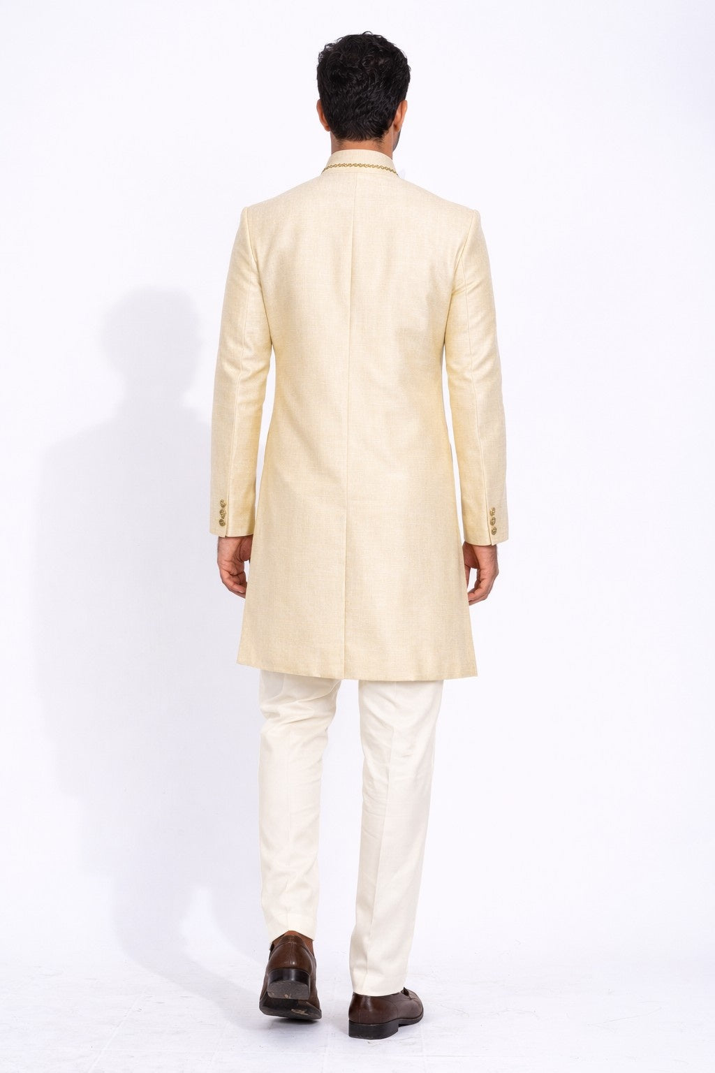 Beige Sherwani with Golden Embroidered Peacock Design