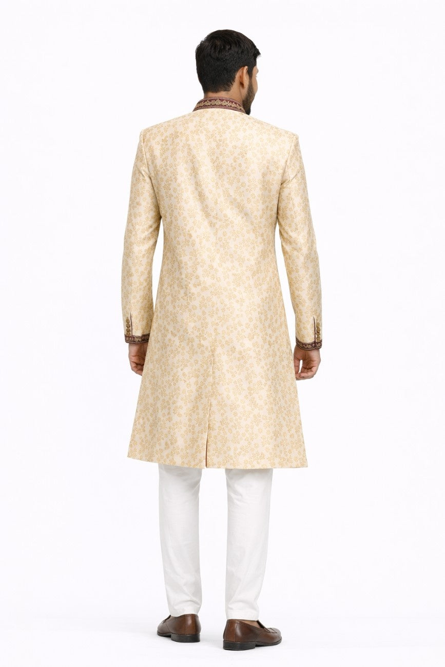 Ivory Sherwani with Royal Red Velvet Detailing and Embellishments