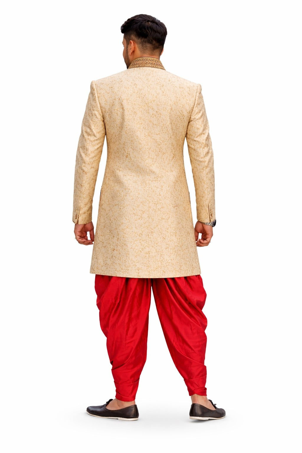 Beige Sherwani with Gold Floral Embroidery and Red Border