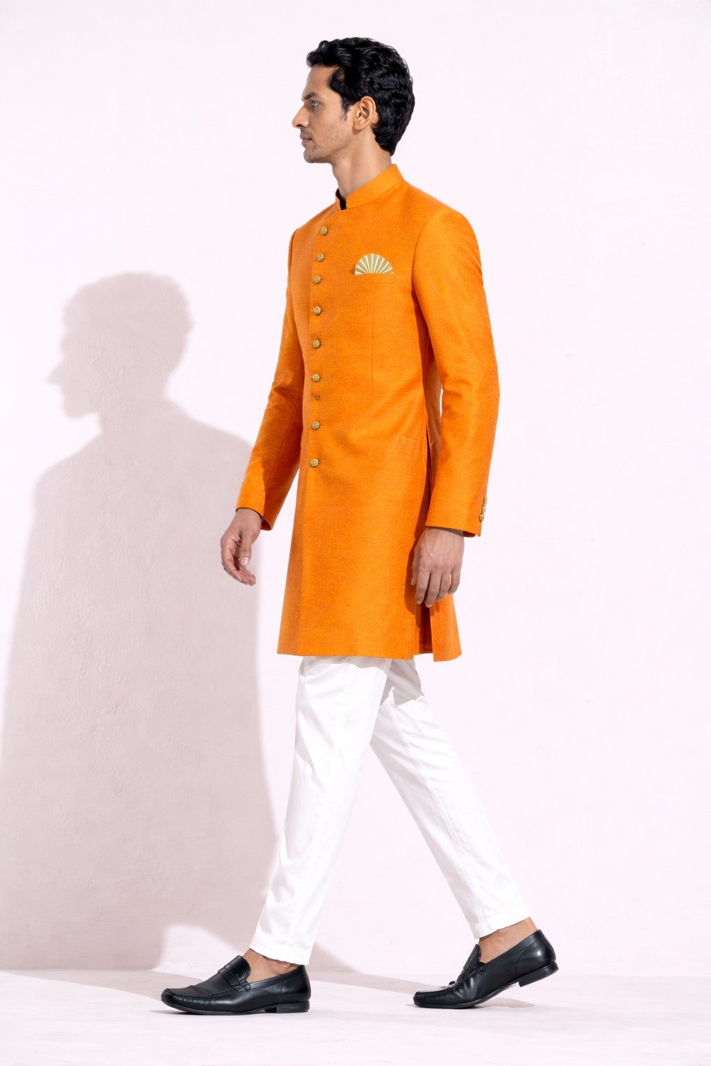 Orange Sherwani with Golden Detailing and Pocket Square