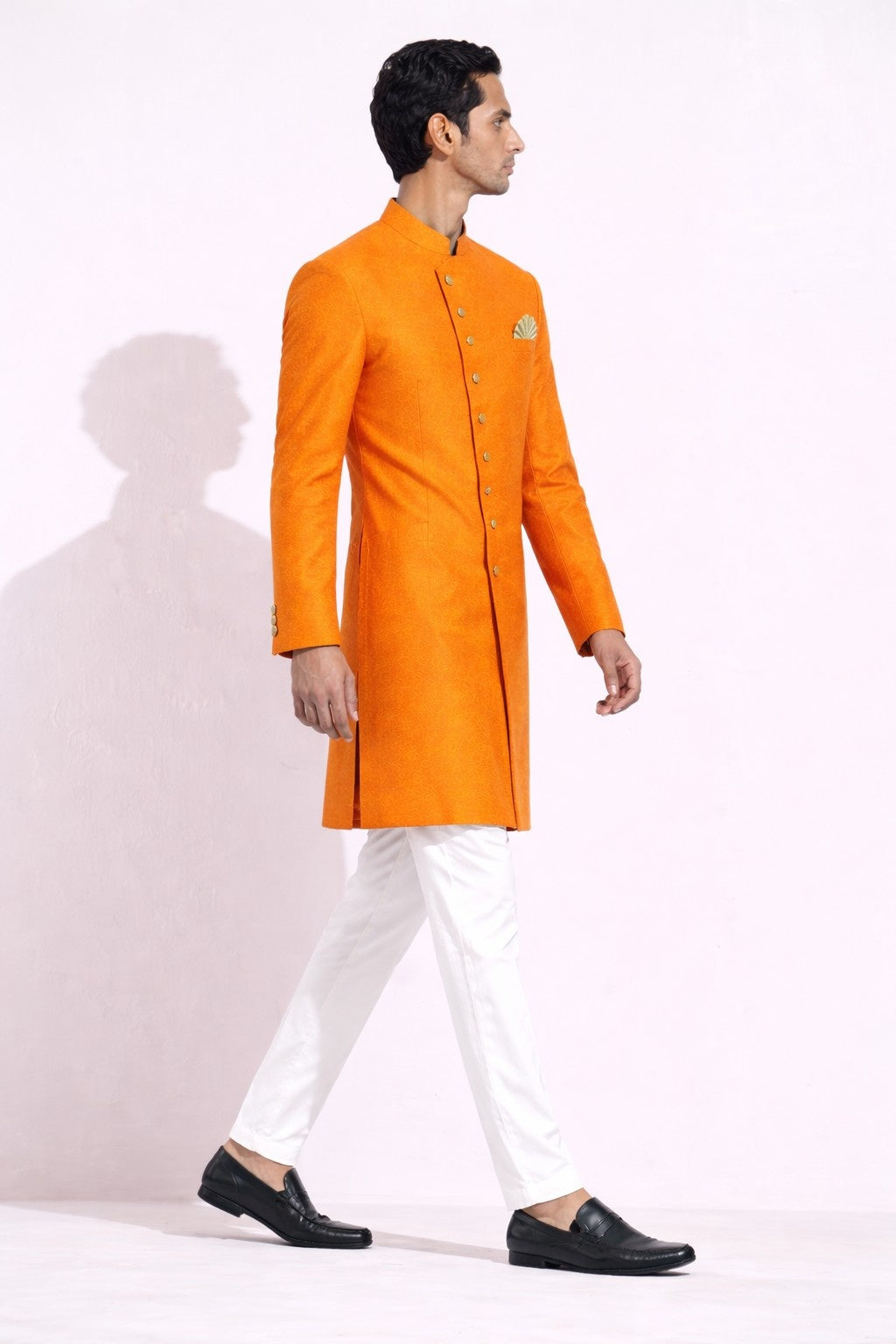 Orange Sherwani with Golden Detailing and Pocket Square