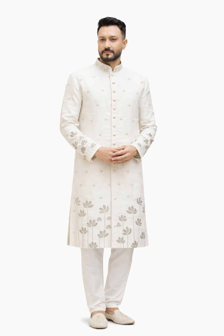 Beige Sherwani with Embroidered Floral and Leaf Design