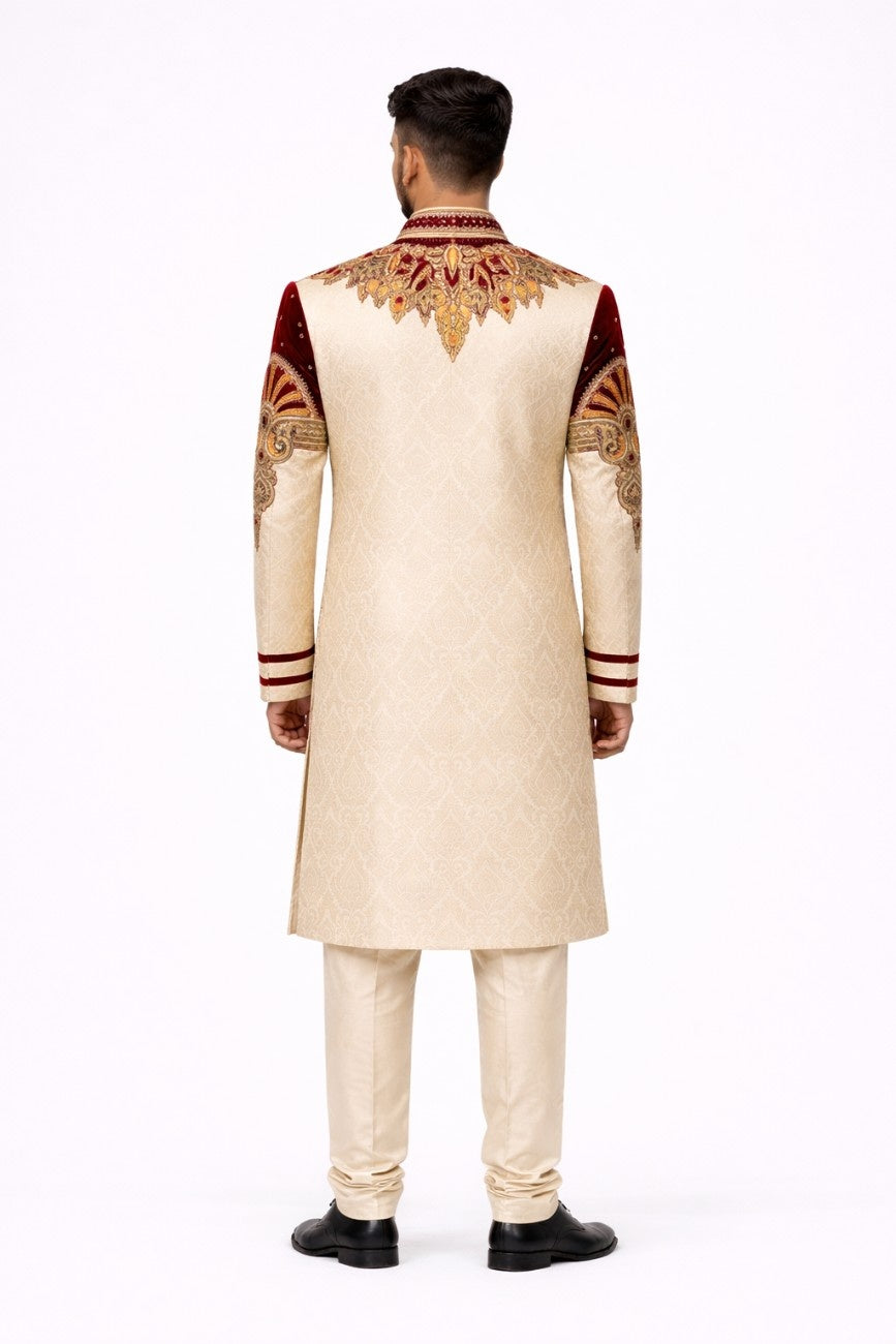 White and Red Velvet Shoulder Embellished Sherwani
