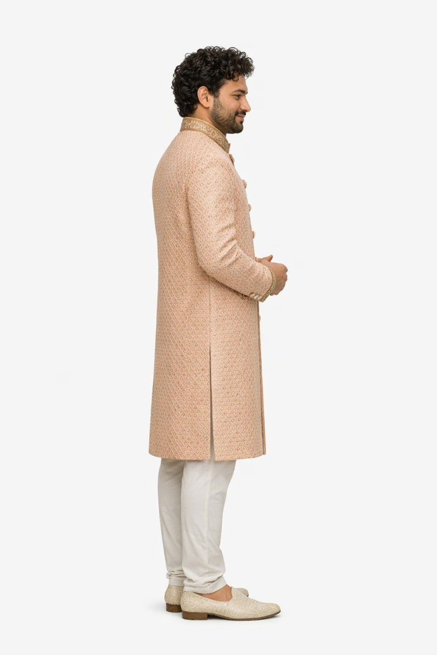 Light Peach Sherwani with Floral Embroidery and Golden Border