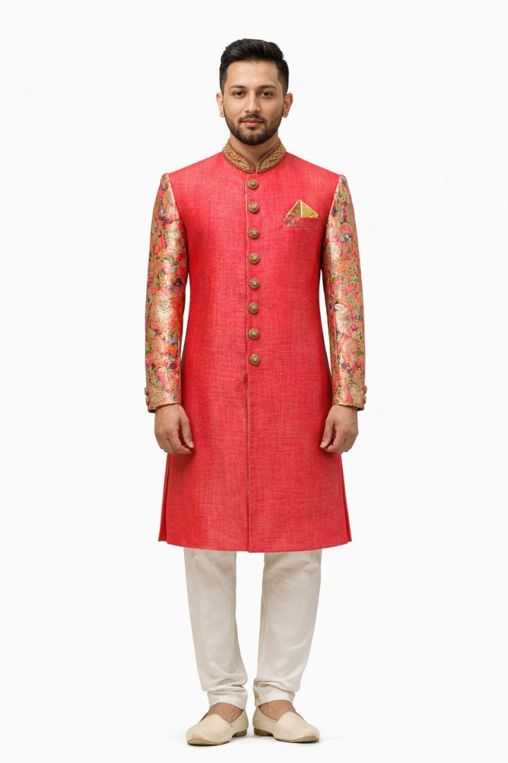 Golden Sherwani with Intricate Floral and Leaf Design
