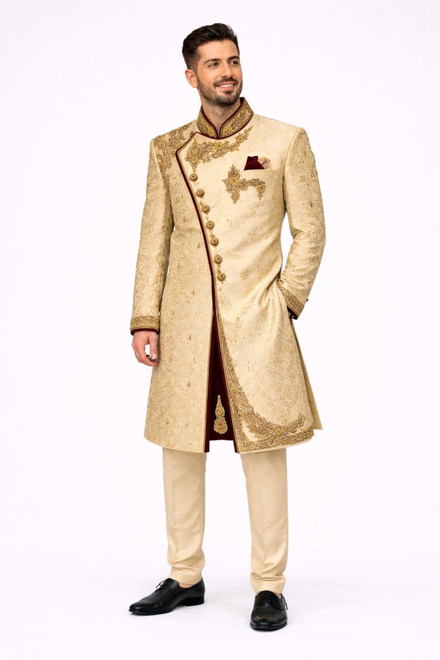 Beige Floral Embroidered Sherwani with Pocket Square