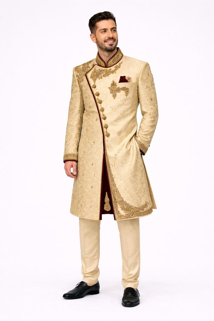 Beige Floral Embroidered Sherwani with Pocket Square