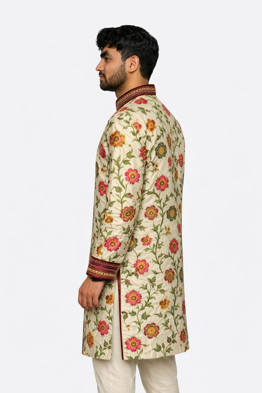 Bright Pink Sherwani with Floral Embroidery and Gold Border