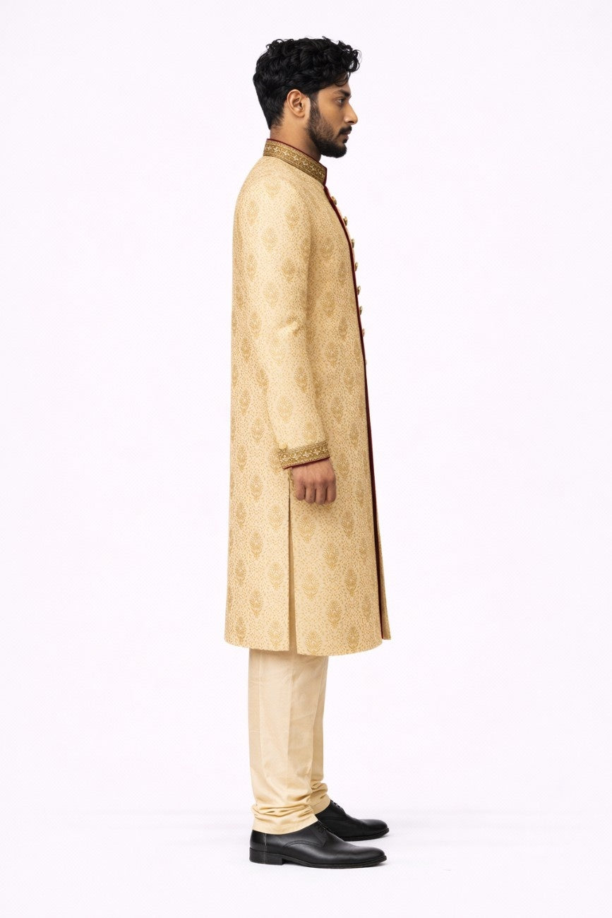 Golden Brocade Sherwani with Red Velvet Borders
