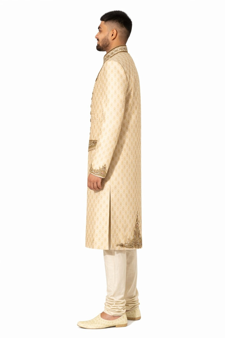 Pastel Peach Floral Embroidered Sherwani with Golden Buttons