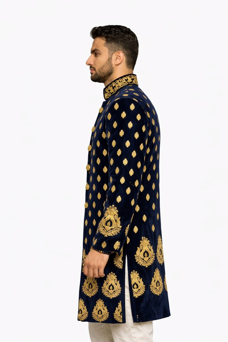 Navy Blue Sherwani with Gold Floral and Paisley Design