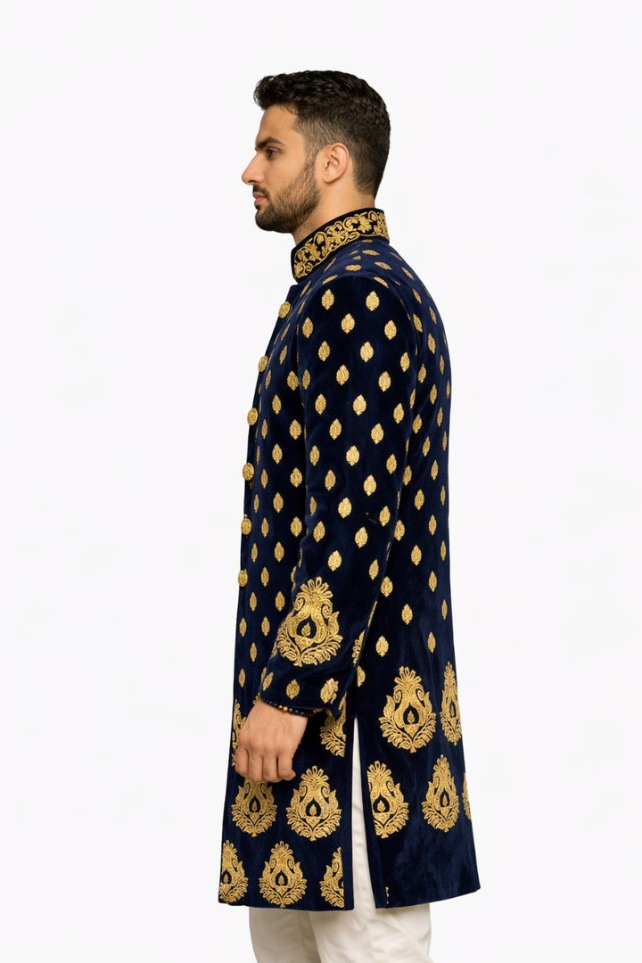 Navy Blue Sherwani with Gold Floral and Paisley Design