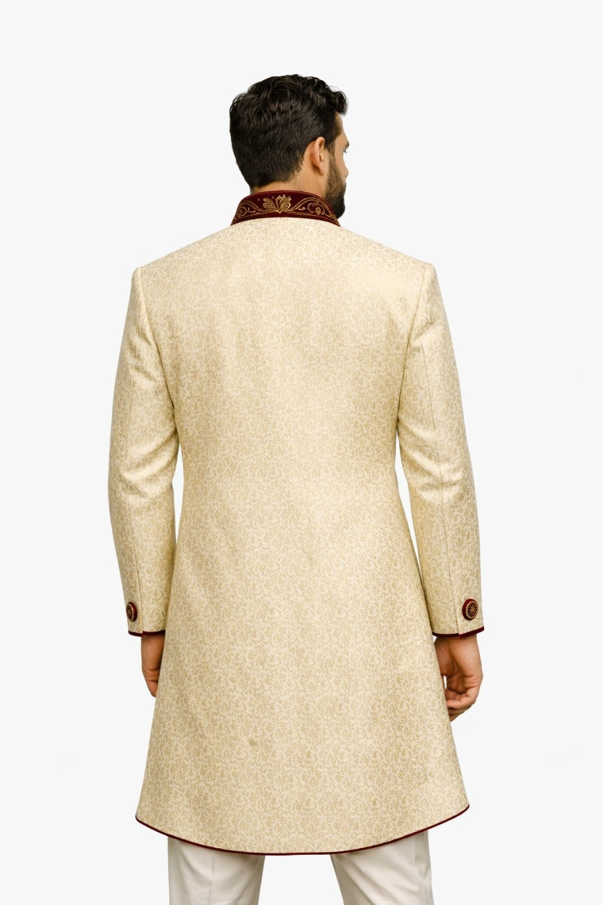 Red and Gold Sherwani with Floral and Paisley Embroidery