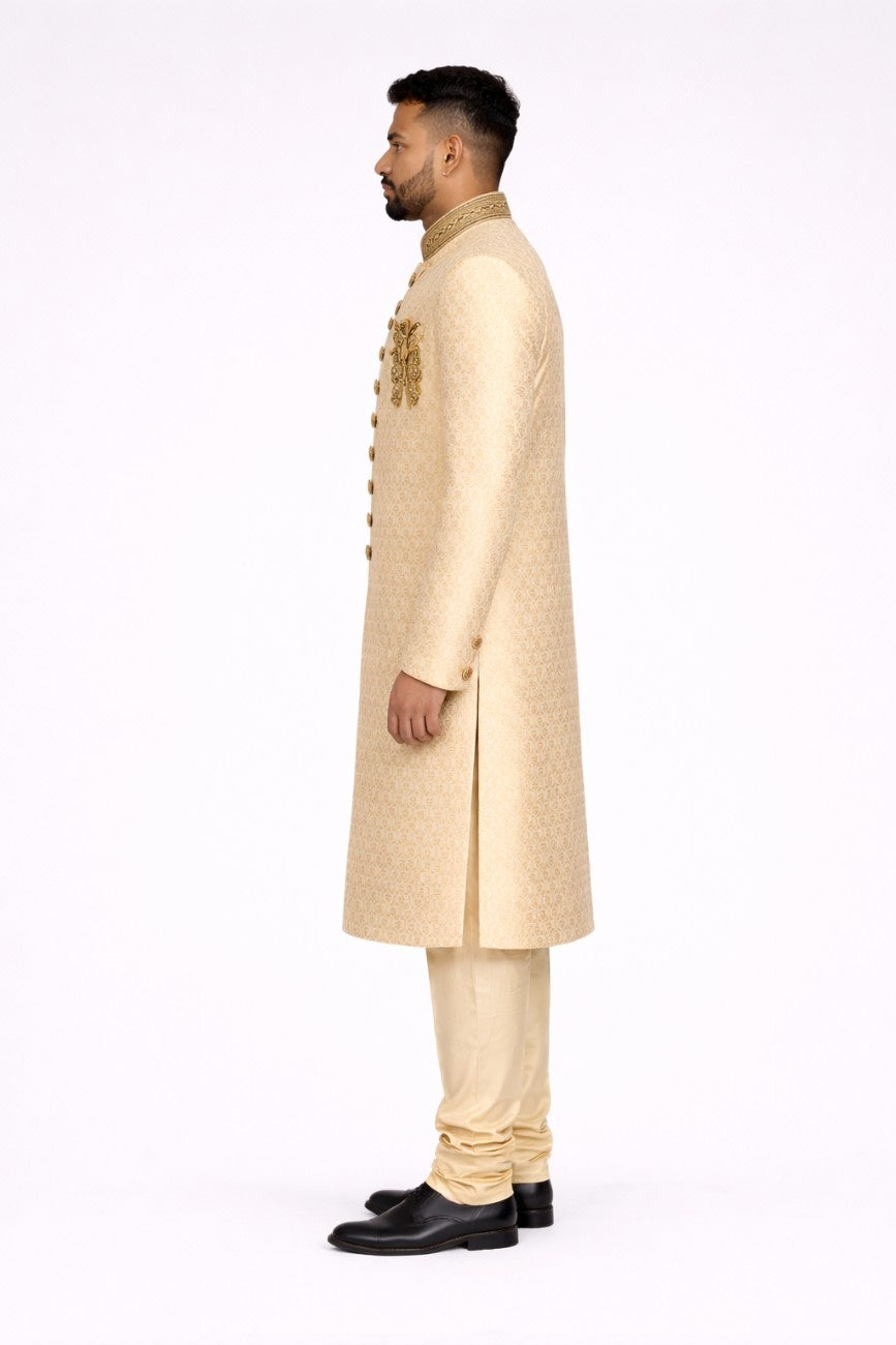 Beige Brocade Sherwani with Embellished Collar and Pocket Square