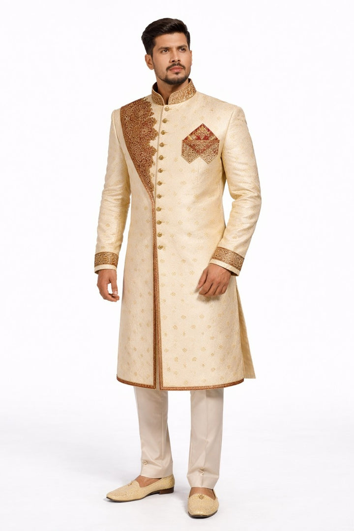 Beige Sherwani with Thread Work and Embellished Collar