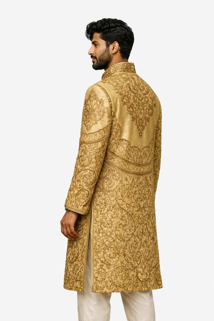 Golden Embroidered Sherwani with Floral Detailing