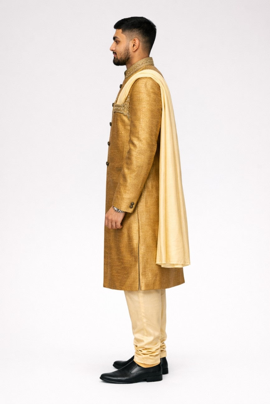 Golden Sherwani with Beige Dupatta and Embellished Work