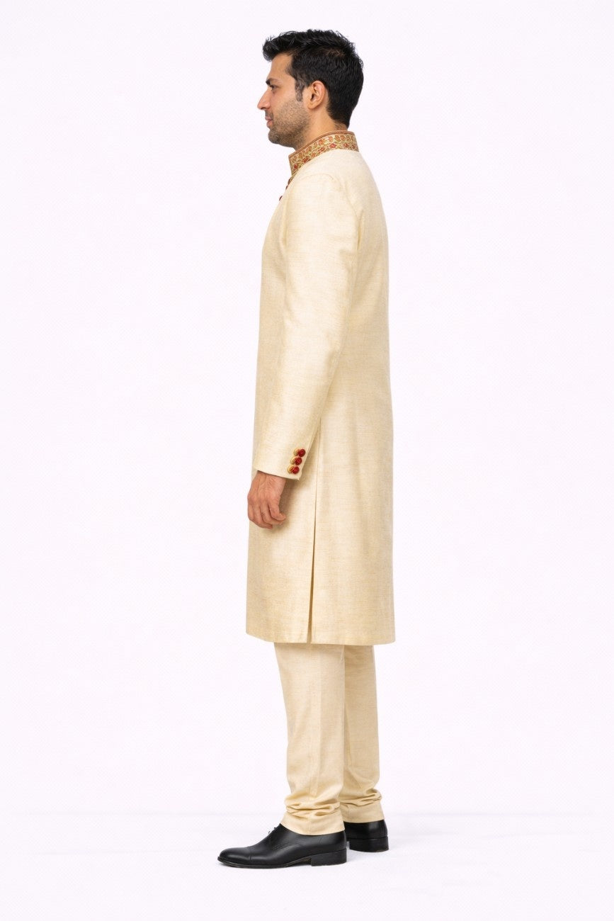 Ivory and Red Floral Embroidered Sherwani with Pocket