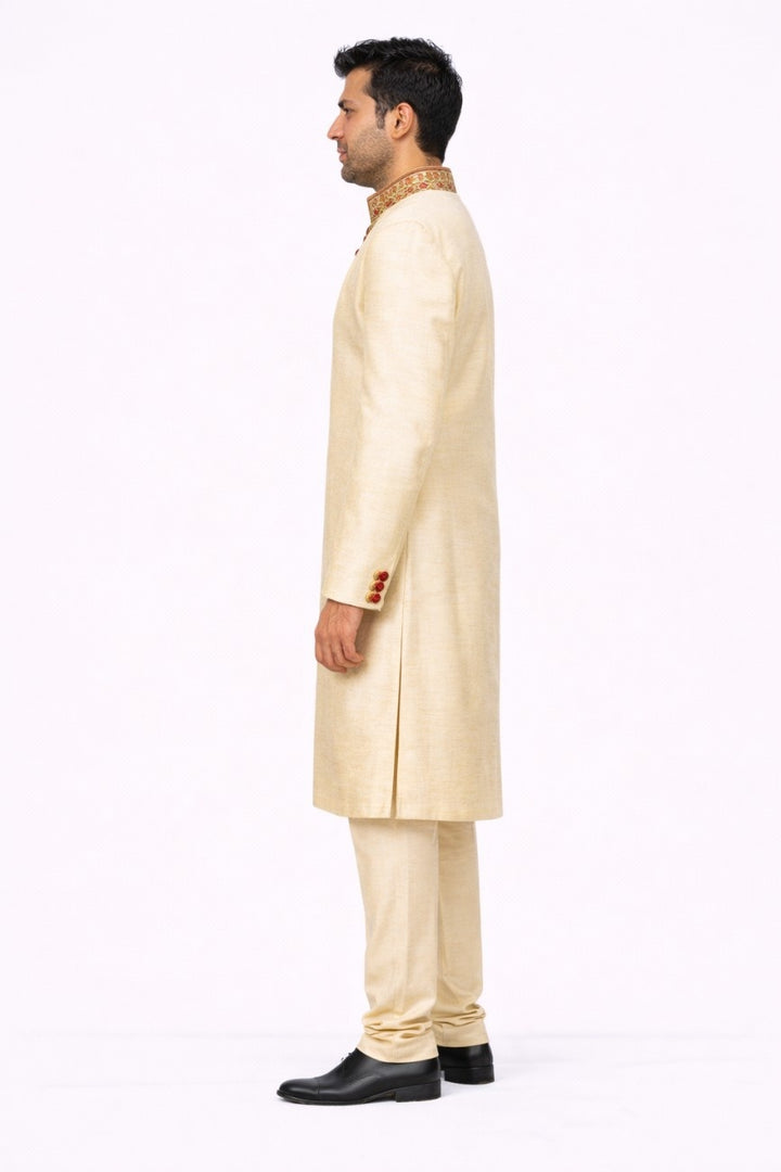 Ivory and Red Floral Embroidered Sherwani with Pocket
