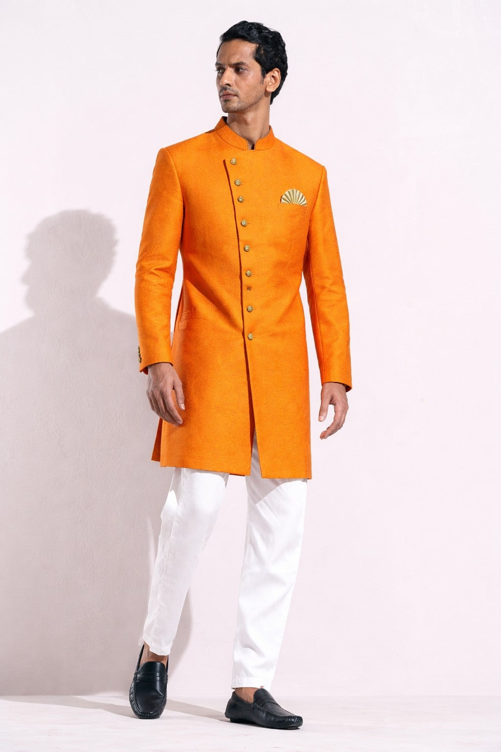 Orange Sherwani with Golden Detailing and Pocket Square