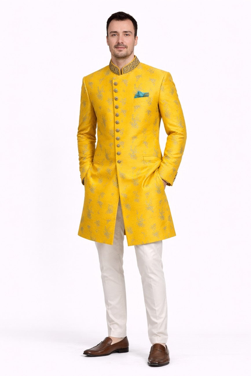 Blue and Gold Contrast Sherwani with Floral Pattern