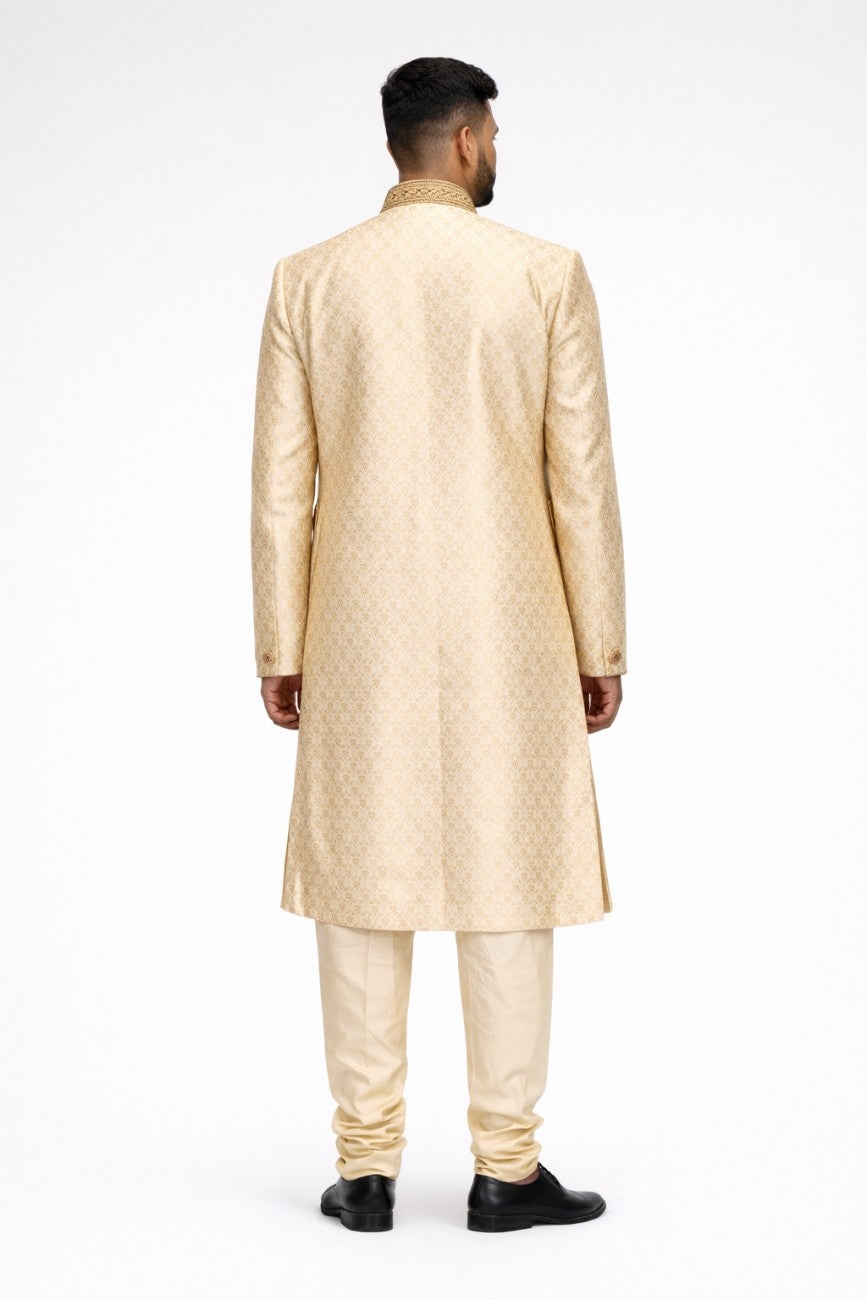 Beige Brocade Sherwani with Embellished Collar and Pocket Square