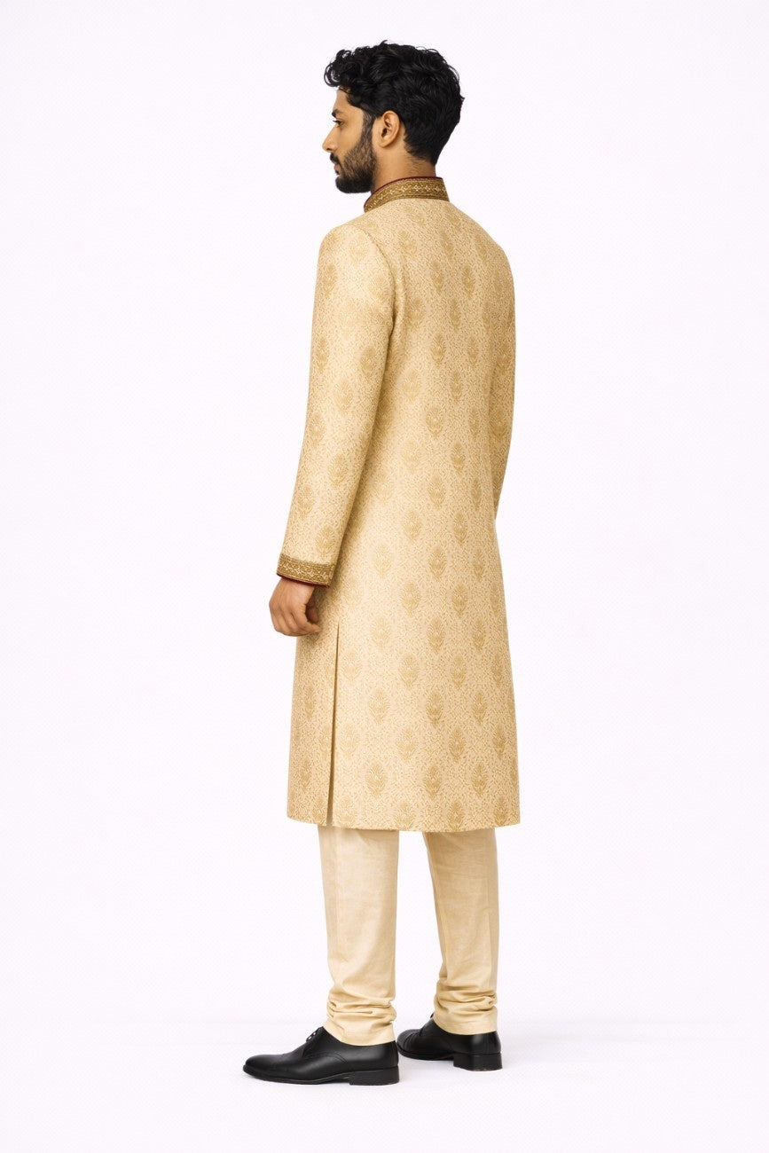 Golden Brocade Sherwani with Red Velvet Borders