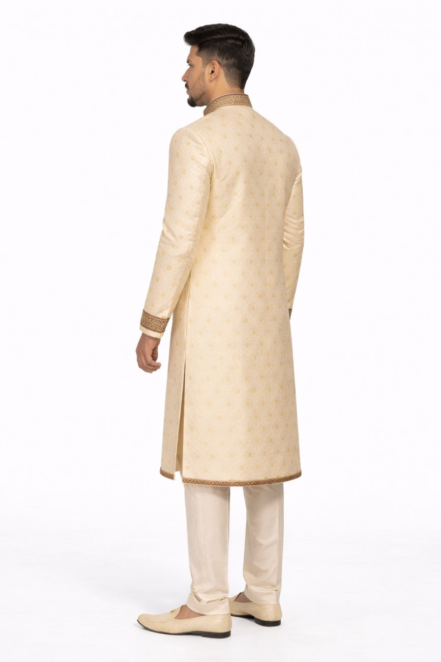 Beige Sherwani with Thread Work and Embellished Collar