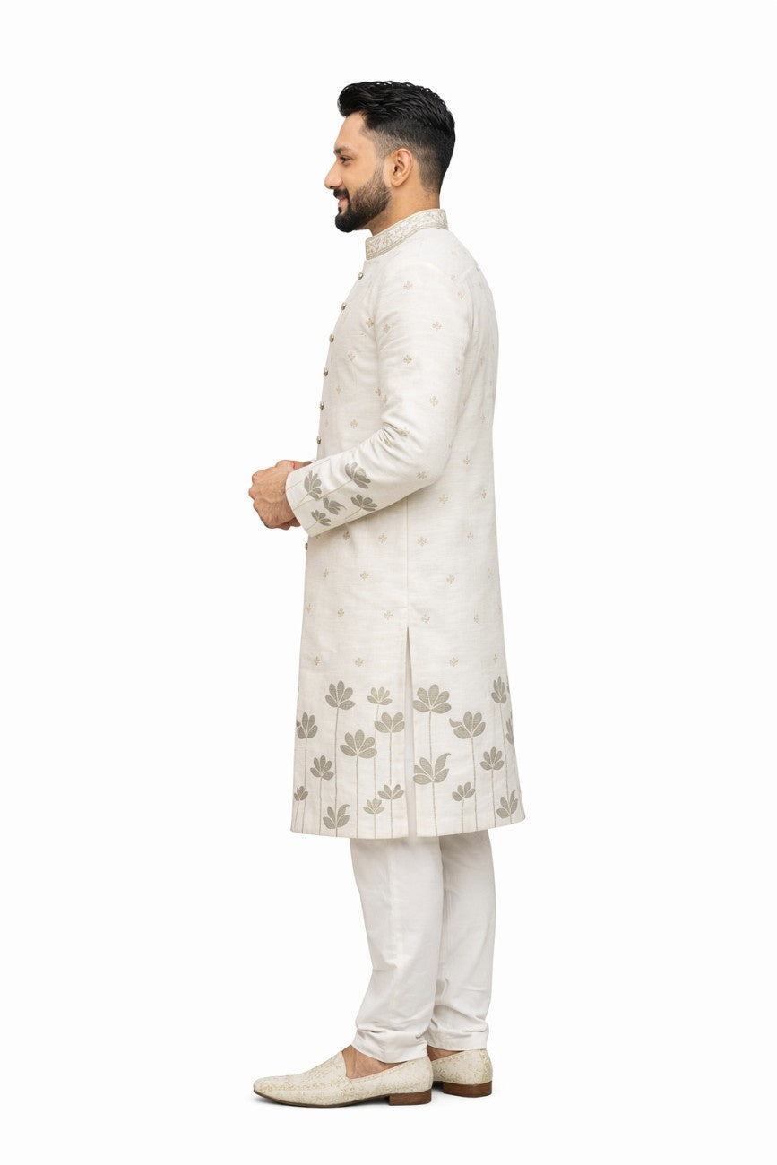 Beige Sherwani with Embroidered Floral and Leaf Design
