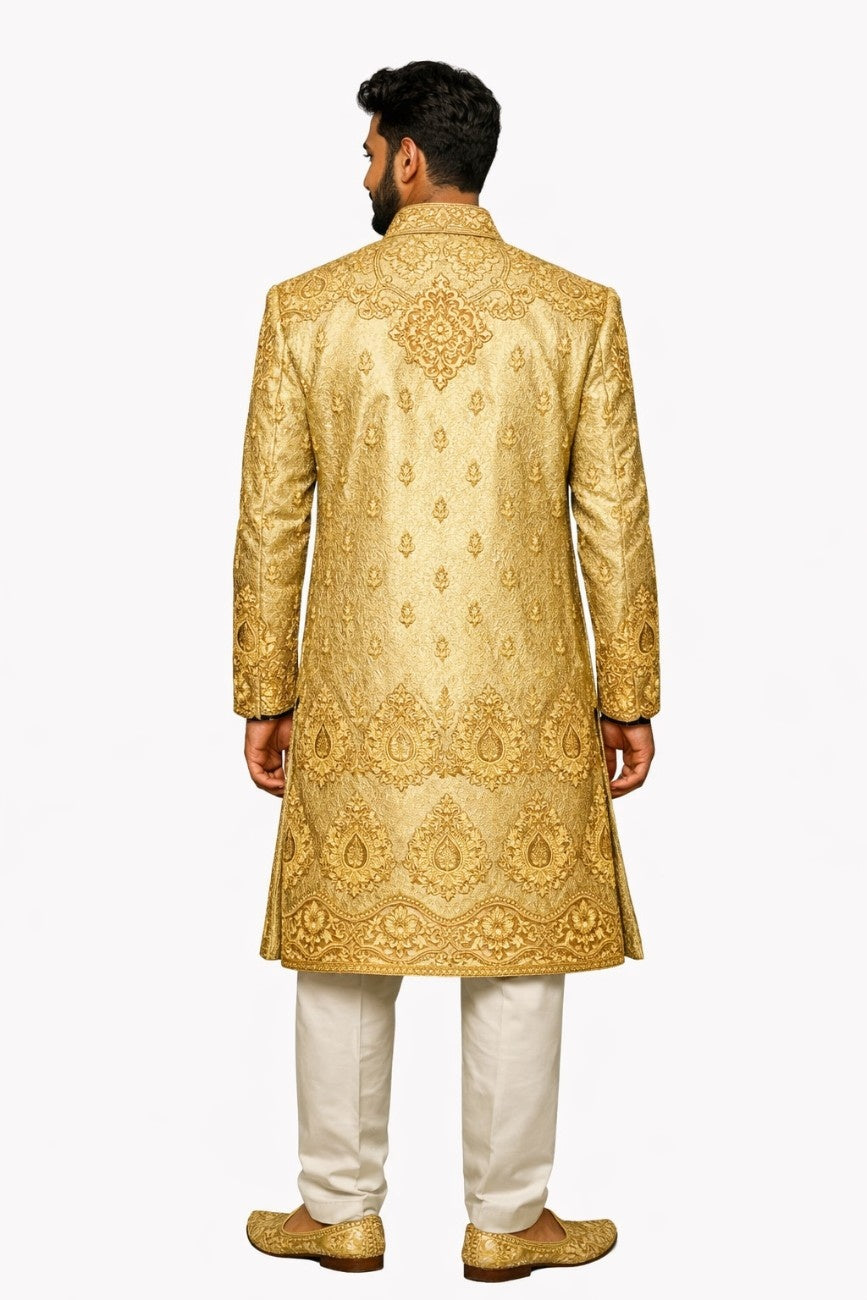 Golden Embroidered Sherwani with Floral Detailing