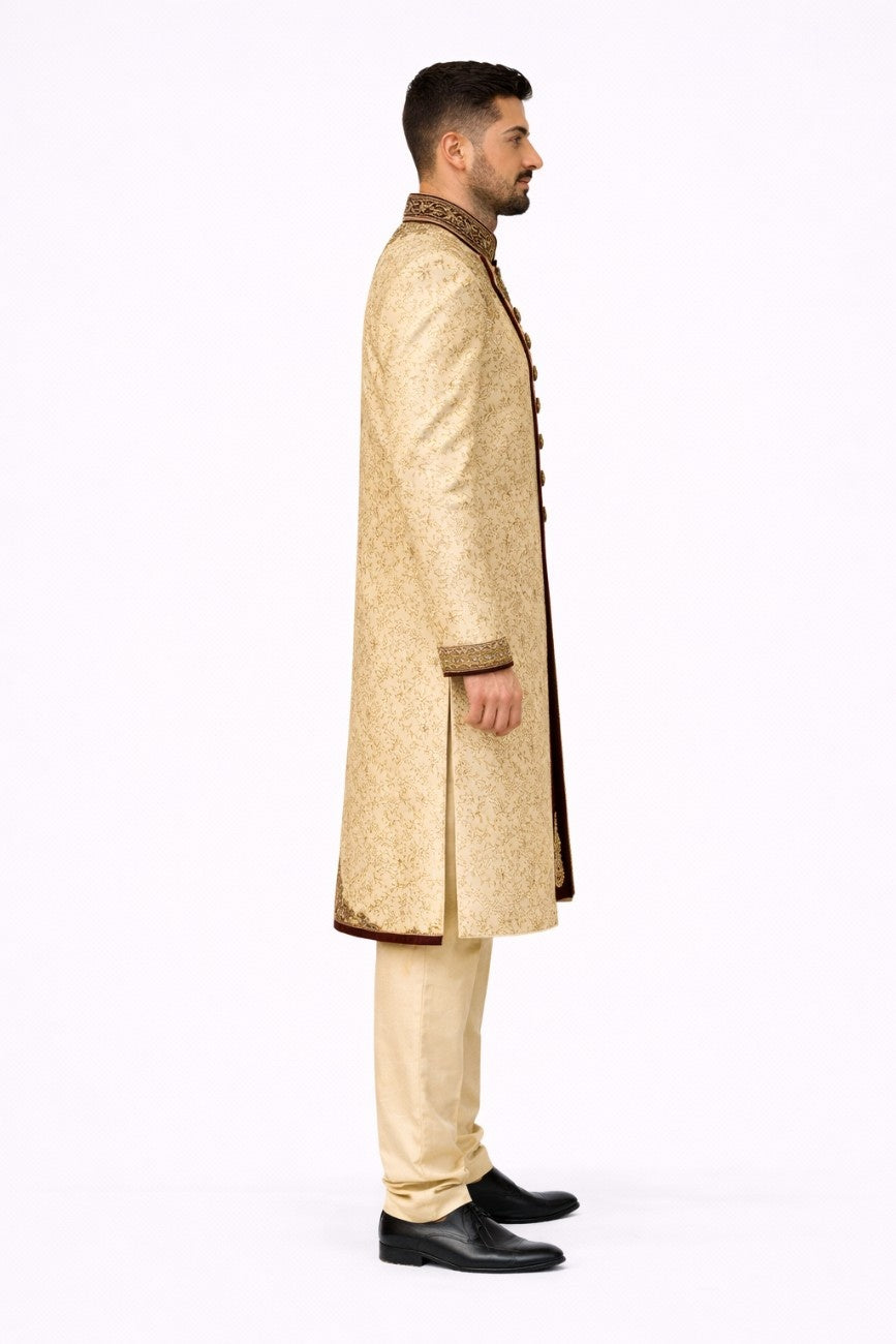 Beige Floral Embroidered Sherwani with Pocket Square