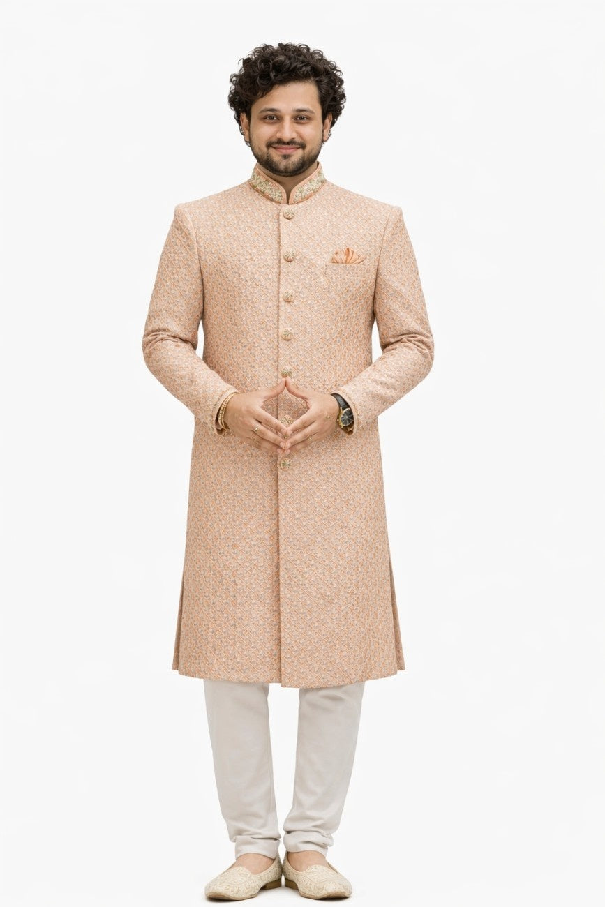 Light Peach Sherwani with Floral Embroidery and Golden Border