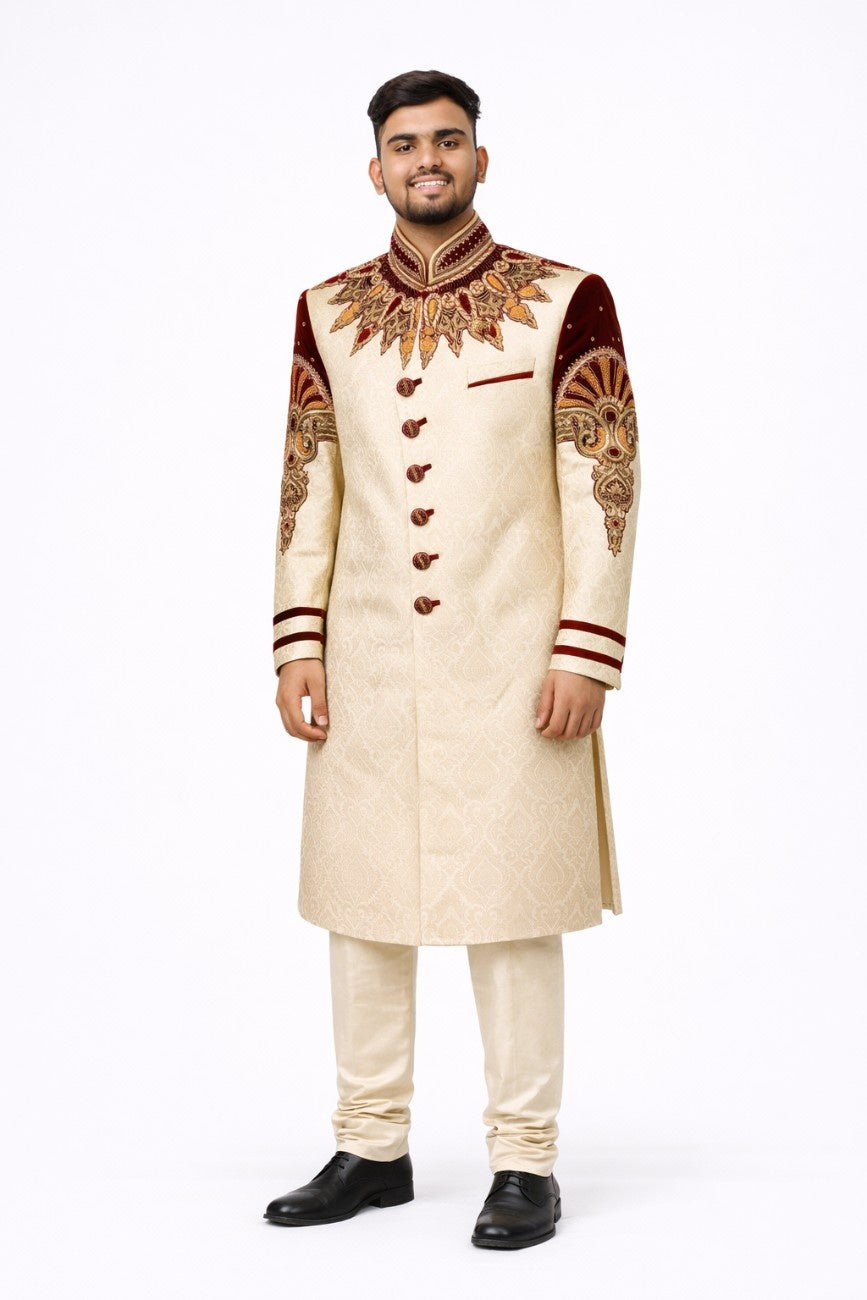 White and Red Velvet Shoulder Embellished Sherwani