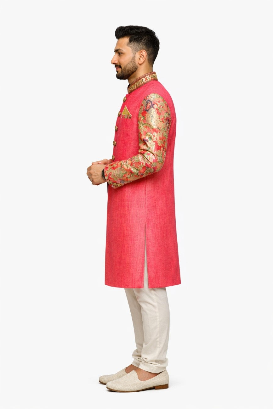 Golden Sherwani with Intricate Floral and Leaf Design