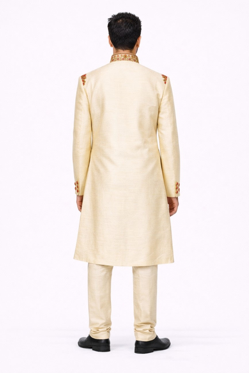 Ivory and Red Floral Embroidered Sherwani with Pocket