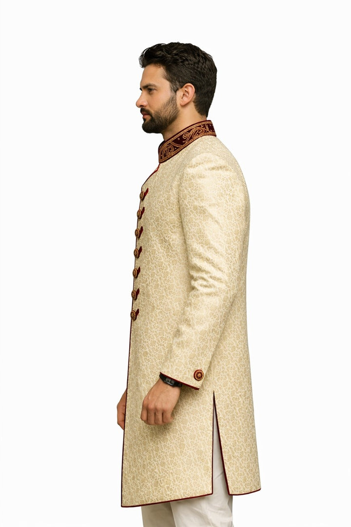 Red and Gold Sherwani with Floral and Paisley Embroidery