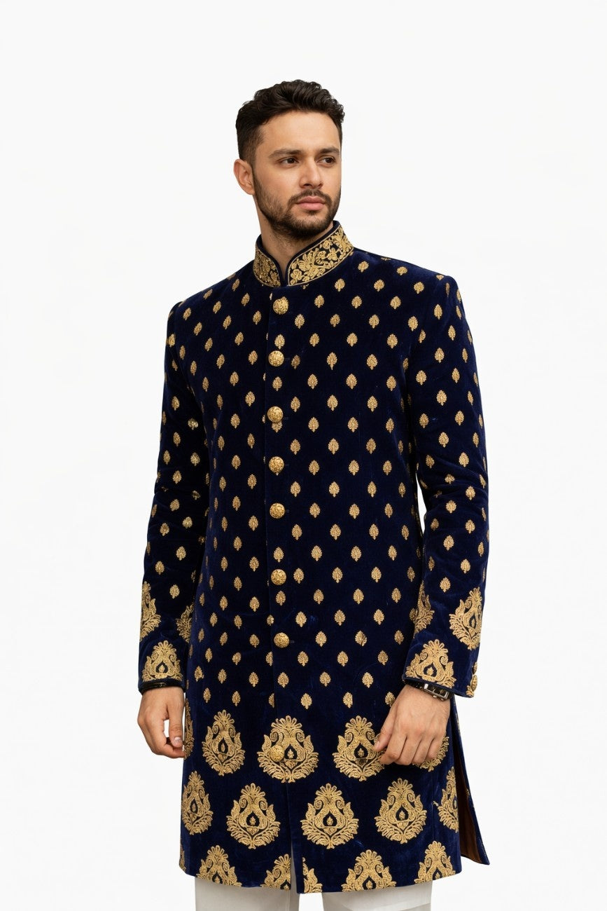 Navy Blue Sherwani with Gold Floral and Paisley Design