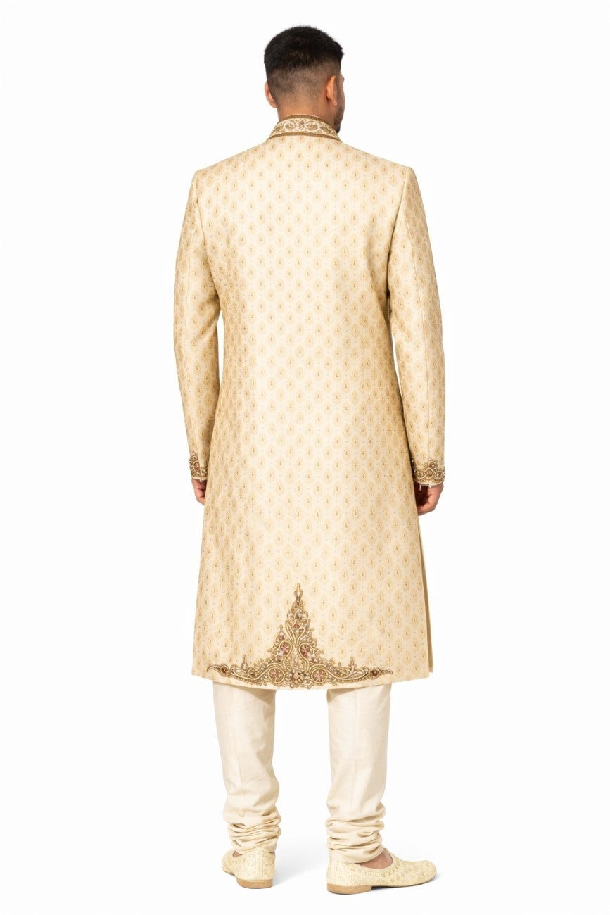 Pastel Peach Floral Embroidered Sherwani with Golden Buttons