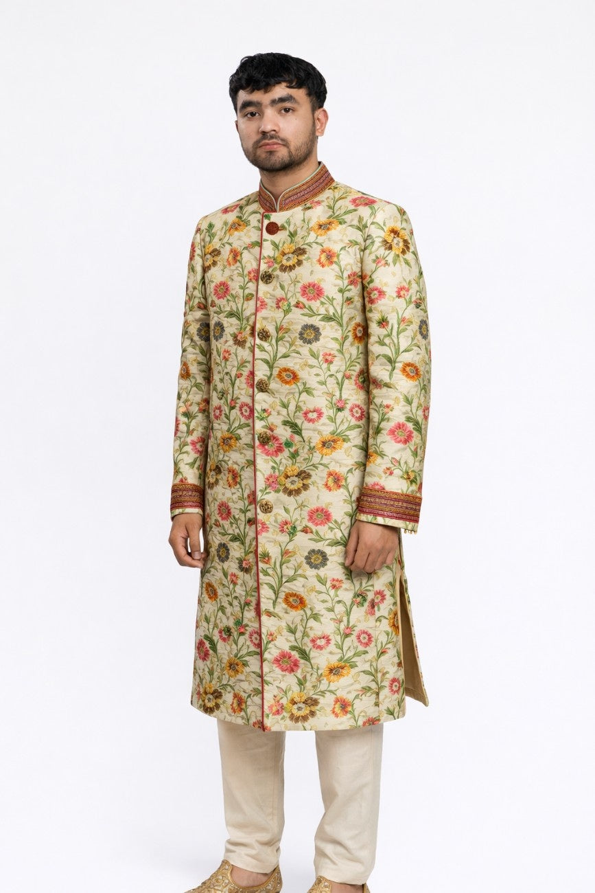 Bright Pink Sherwani with Floral Embroidery and Gold Border