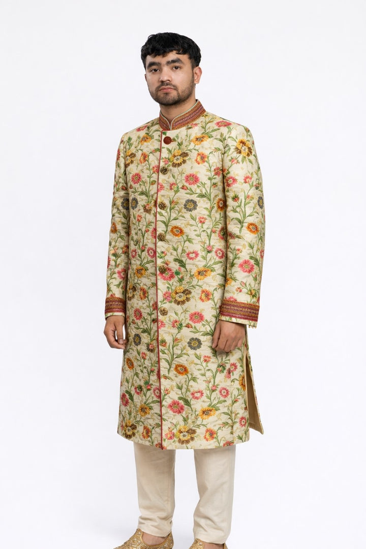 Bright Pink Sherwani with Floral Embroidery and Gold Border