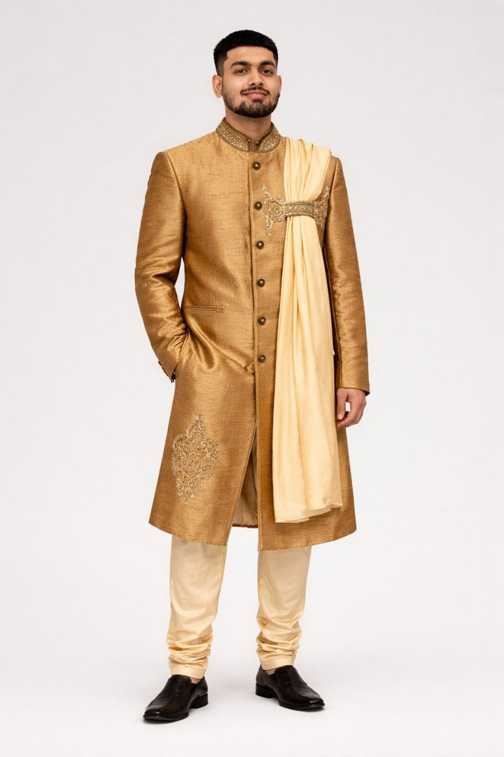 Golden Sherwani with Beige Dupatta and Embellished Work