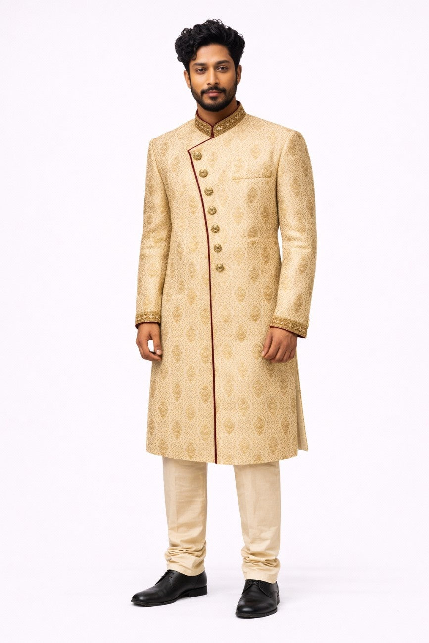 Golden Brocade Sherwani with Red Velvet Borders